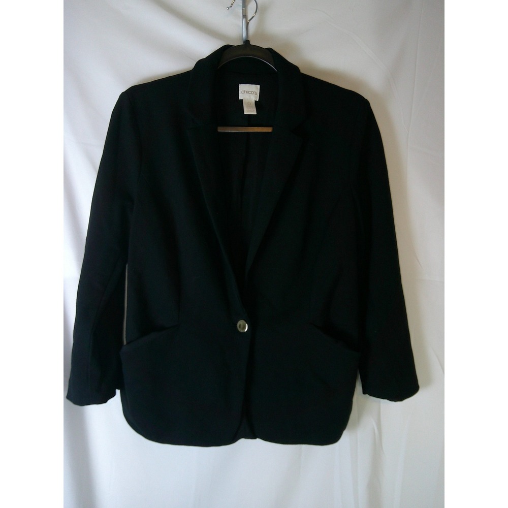 Chicos Black Knit Blazer Jacket Single Button Patch Pockets Size 0 Womens Small